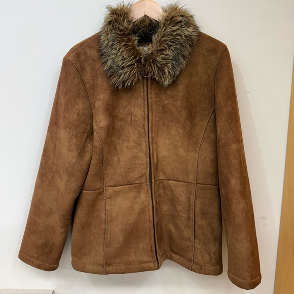 White Stag Brown Faux Suede Faux Fur Jacket Size Large - Picture 1 of 5